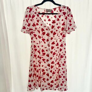 ASOS Heart Print Dress, V-neck Flutter Sleeve Button Front  - SIZE 6 - WHITE RED